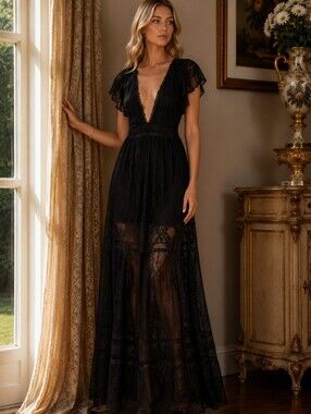 The Jetset Diaries Casablanca black lace maxi dress plunge V neck XS NWOT